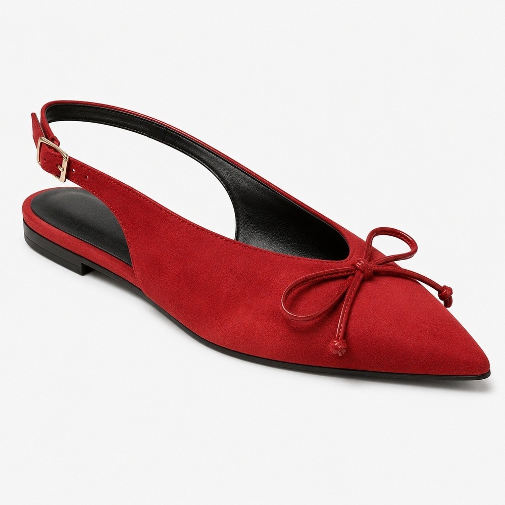 A New Day Camille Red Satin Slingback Flats Pointed Toe Bow Women's 9.5 NEW